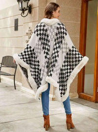 Thumbnail for Checkered Faux Fur Trim Poncho - T - 5 COLORS -