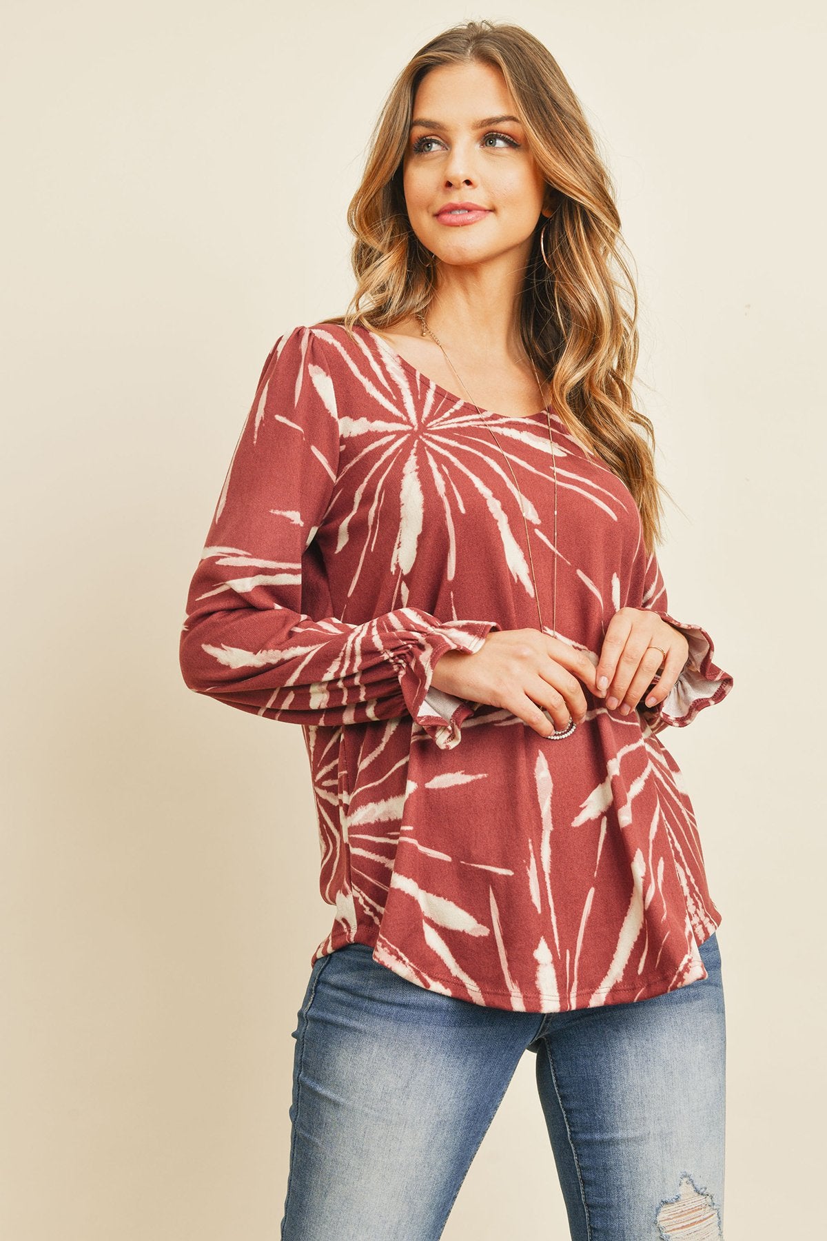 Riah Fashion - Tie Dye Ruffle Sleeve V-Neck Round Hem Top - 2 COLORS -