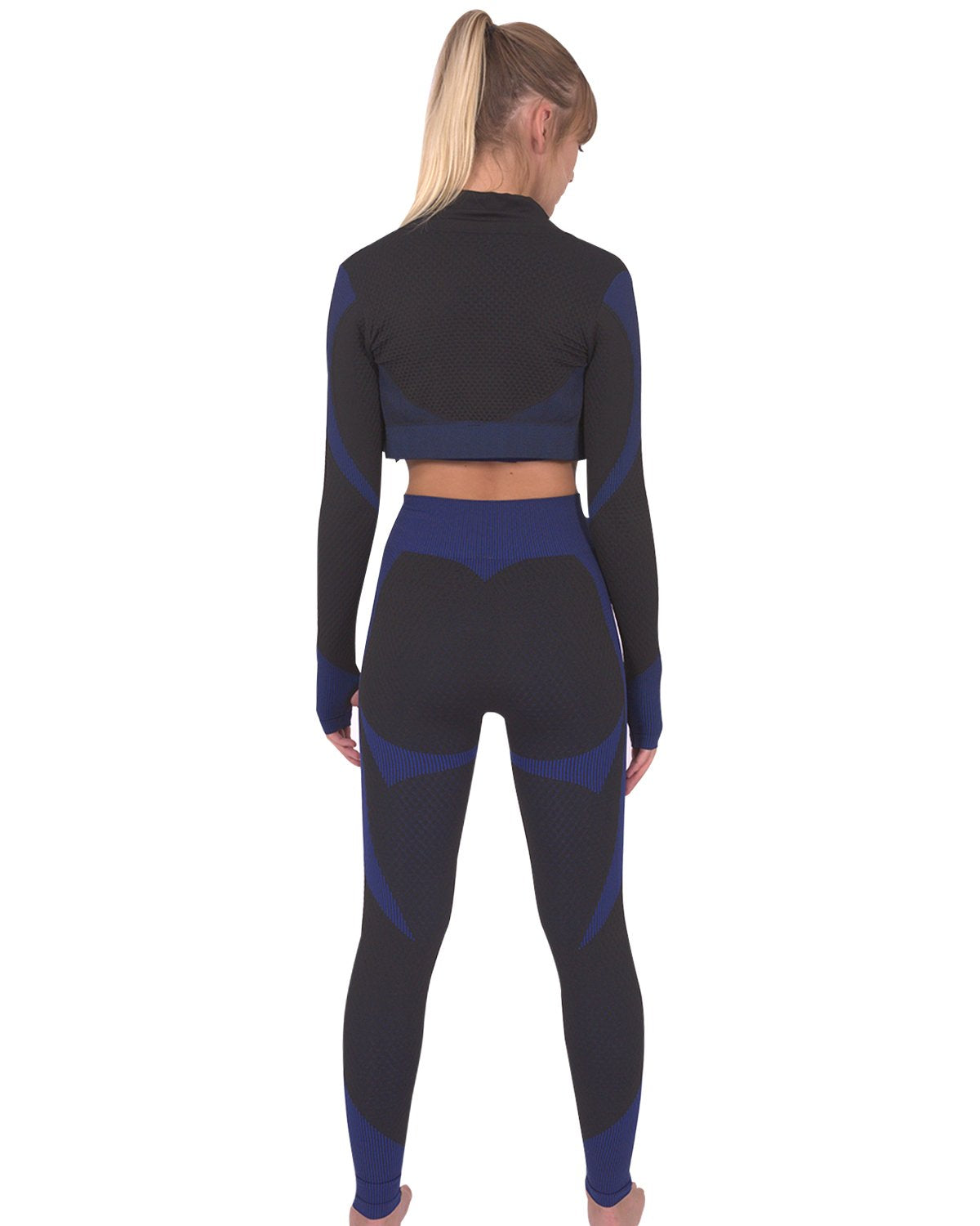 Savoy - Trois Seamless Jacket, Leggings & Sports Top 3 Set - Black With Navy - 3 PCS - 1 COLOR -