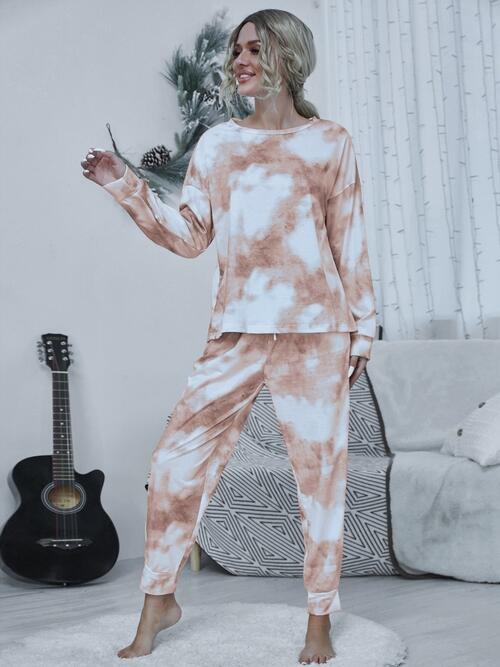 Tie-dye Round Neck Top and Drawstring Pants Lounge Set - 2 PCS. - T - 4 COLORS -