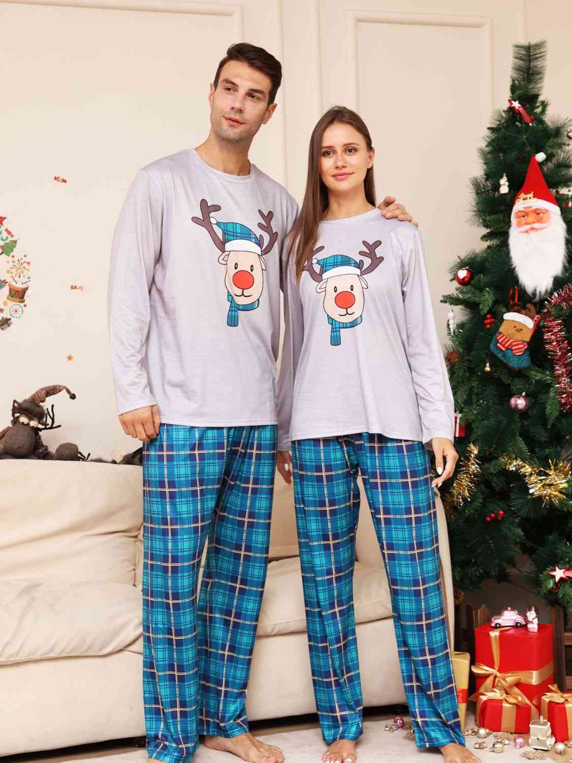 WOMEN Full Size Rudolph Graphic Long Sleeve Top and Plaid Pants Set - T -