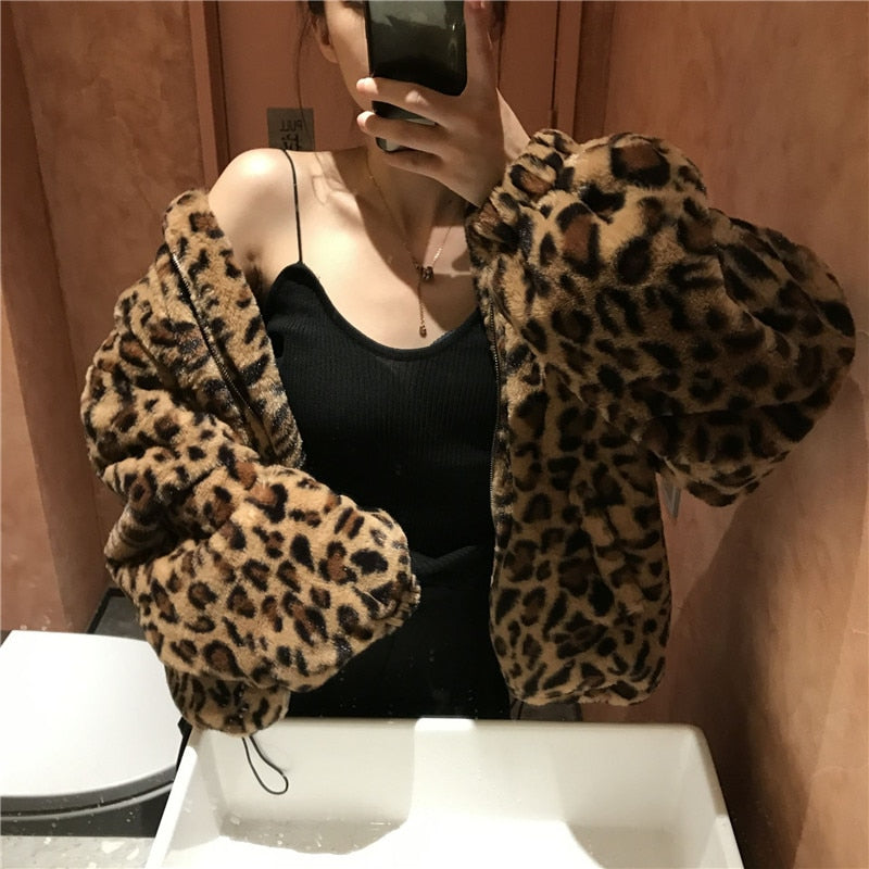 Sharon Tatem - Winter Leopard Print - Stand Collar - Warm Parka - Loose Faux Fur -