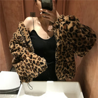 Thumbnail for Sharon Tatem - Winter Leopard Print - Stand Collar - Warm Parka - Loose Faux Fur -