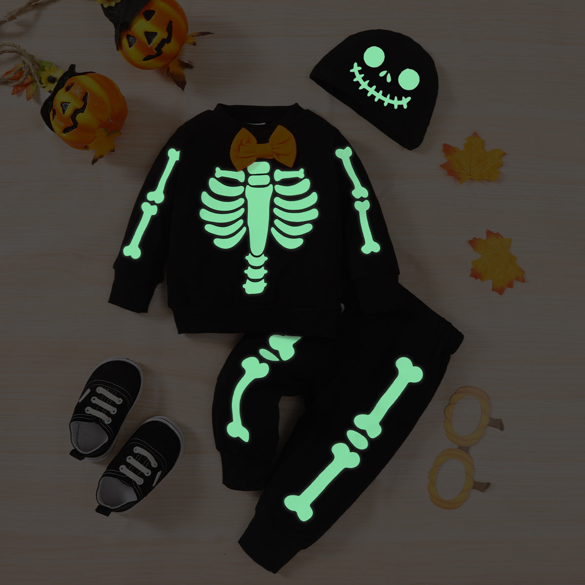 Skeleton Pattern Round Neck Sweatshirt and Bone Pattern Pants Set - 3 PCS. - T - 1 COLOR -