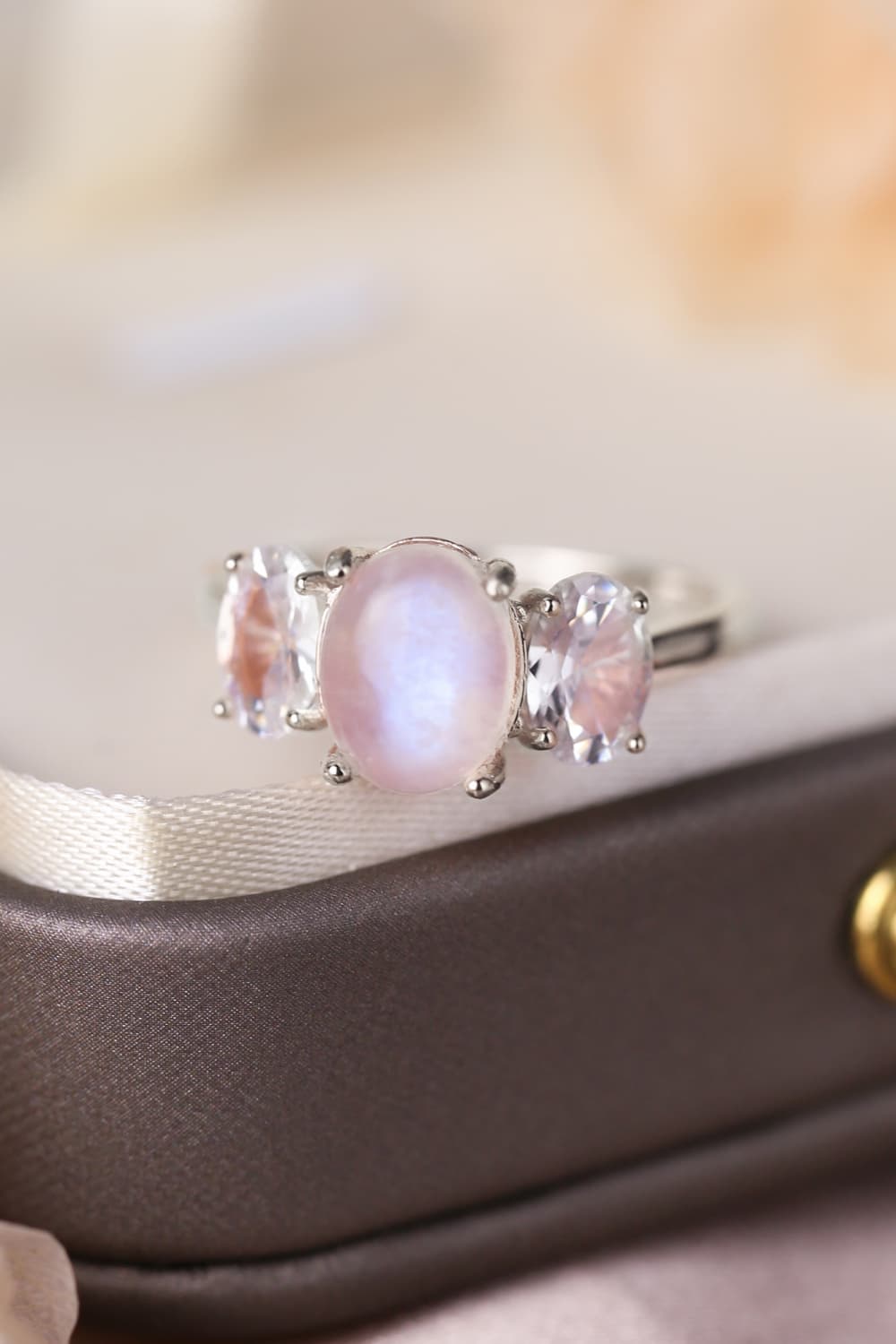 Natural Moonstone 925 Sterling Silver Three Stone Ring - T - 2 FINISHES -