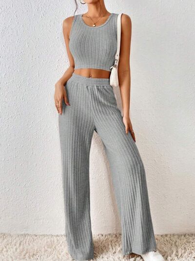 Ribbed Round Neck Tank and Pants Cropped Sweater Set - 2 PCS. - T - 5 COLORS -