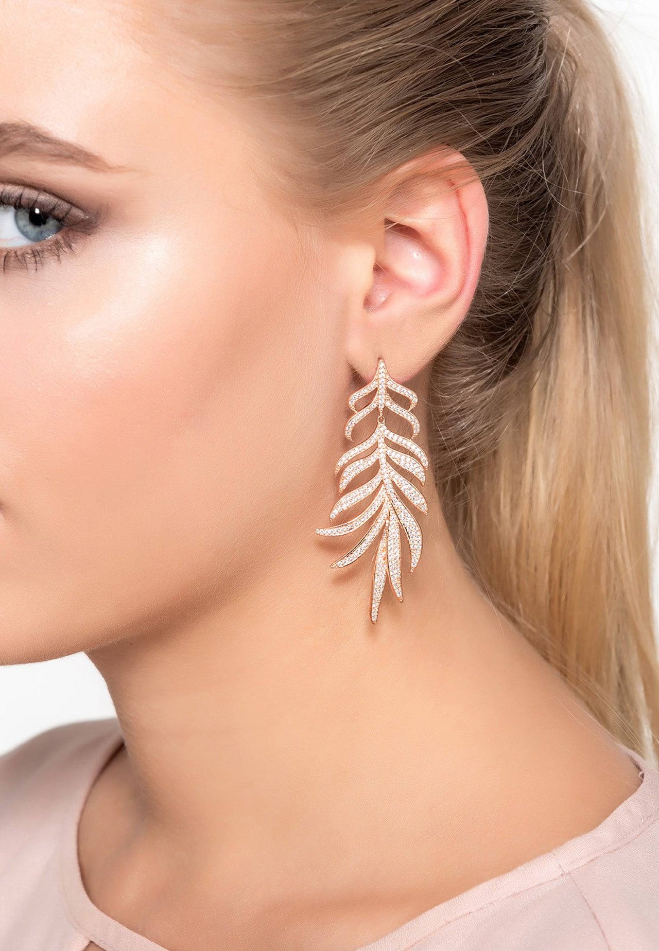 LATELITA - Feathered Leaf Statement Drop Earrings Rosegold -