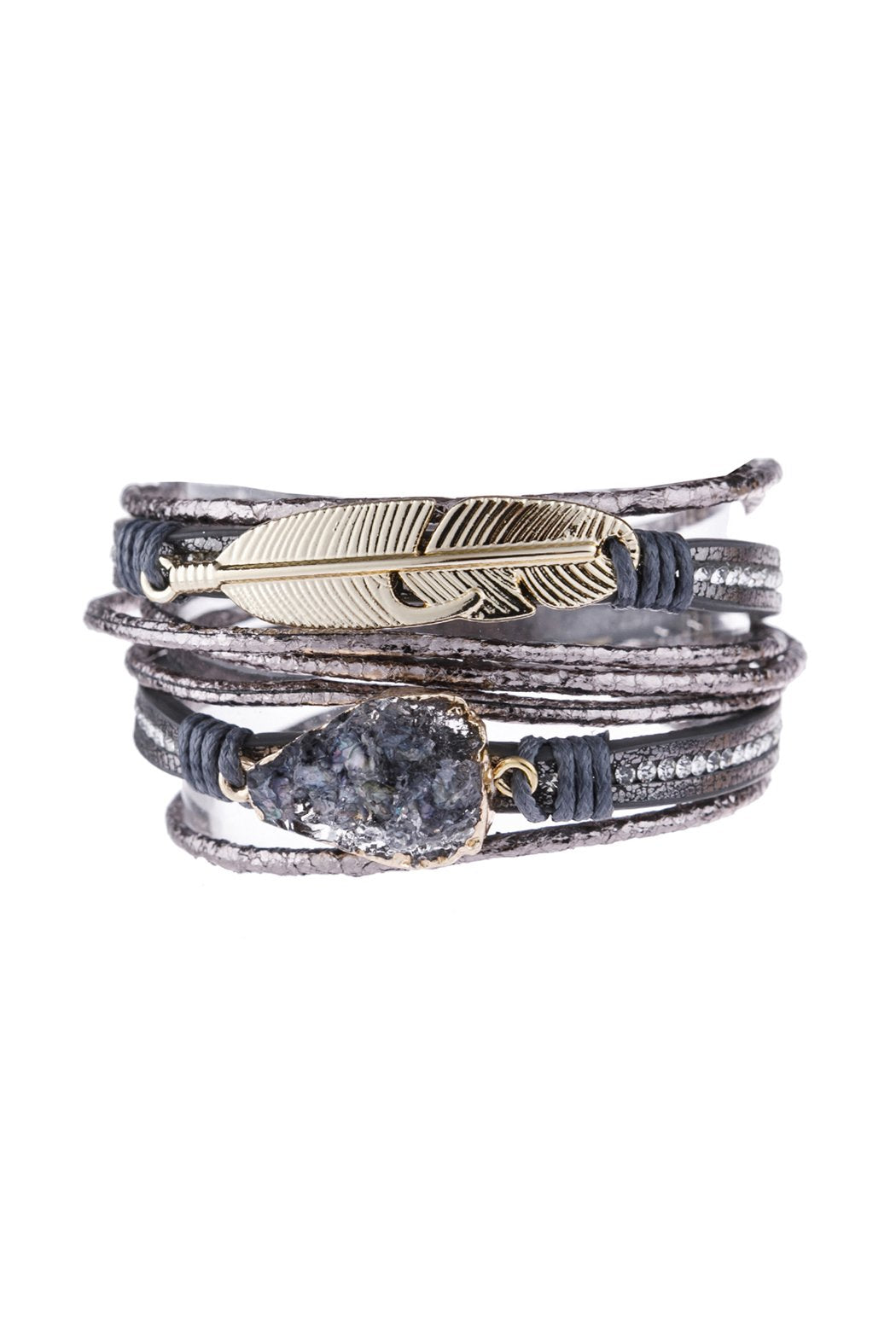 Riah Fashion - Feather Druzy Leather Wrap Magnetic Bracelet - 5 COLORS -