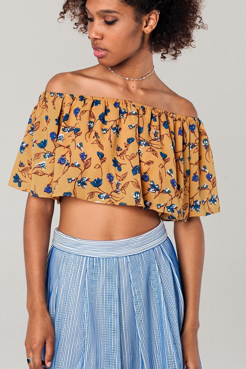 Q2 - Off Shoulder Floral Crop Top in Mustard - 1 COLOR -