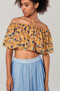 Thumbnail for Q2 - Off Shoulder Floral Crop Top in Mustard - 1 COLOR -