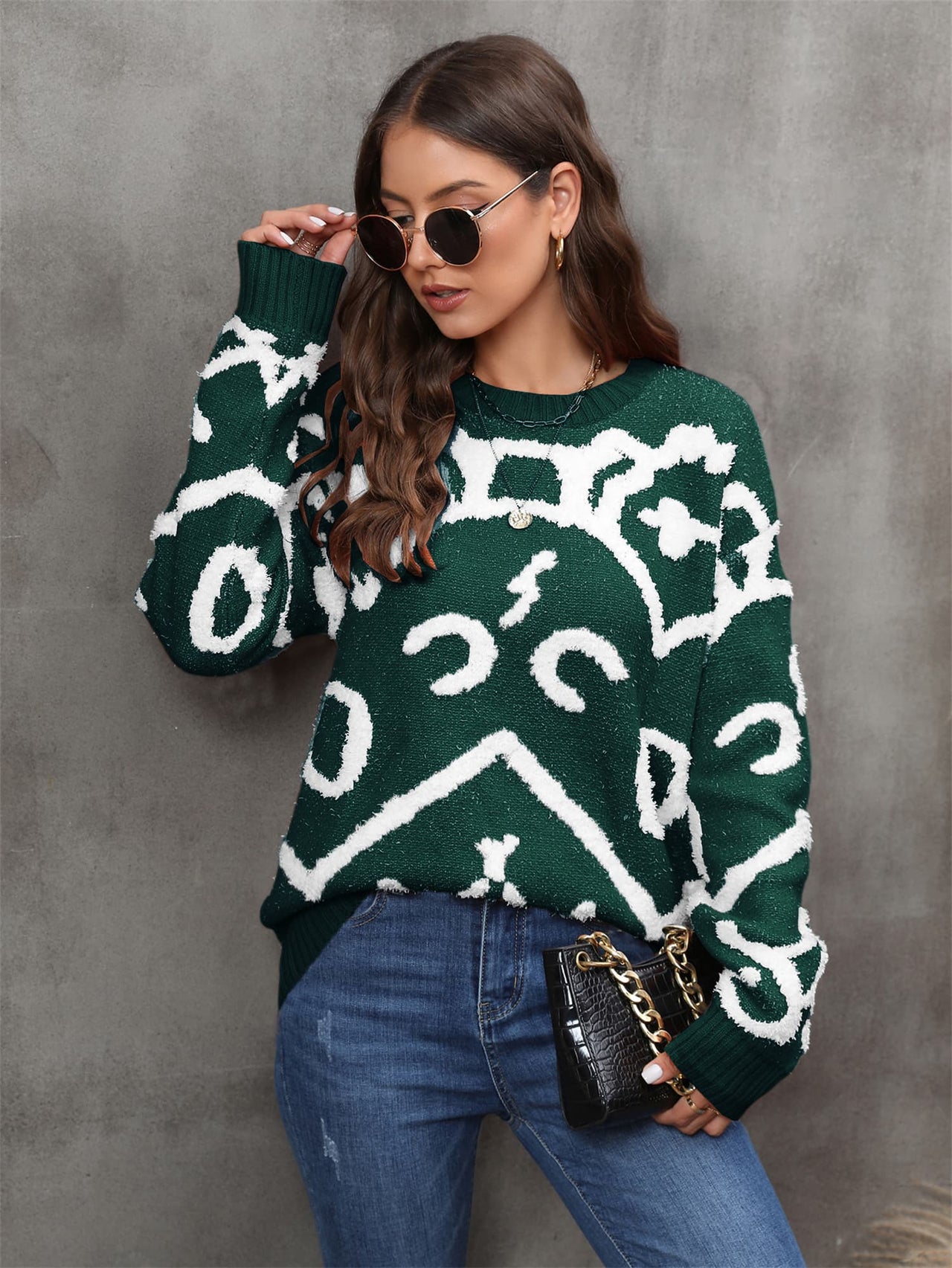 Printed Round Neck Dropped Shoulder Sweater - T - 2 COLORS -