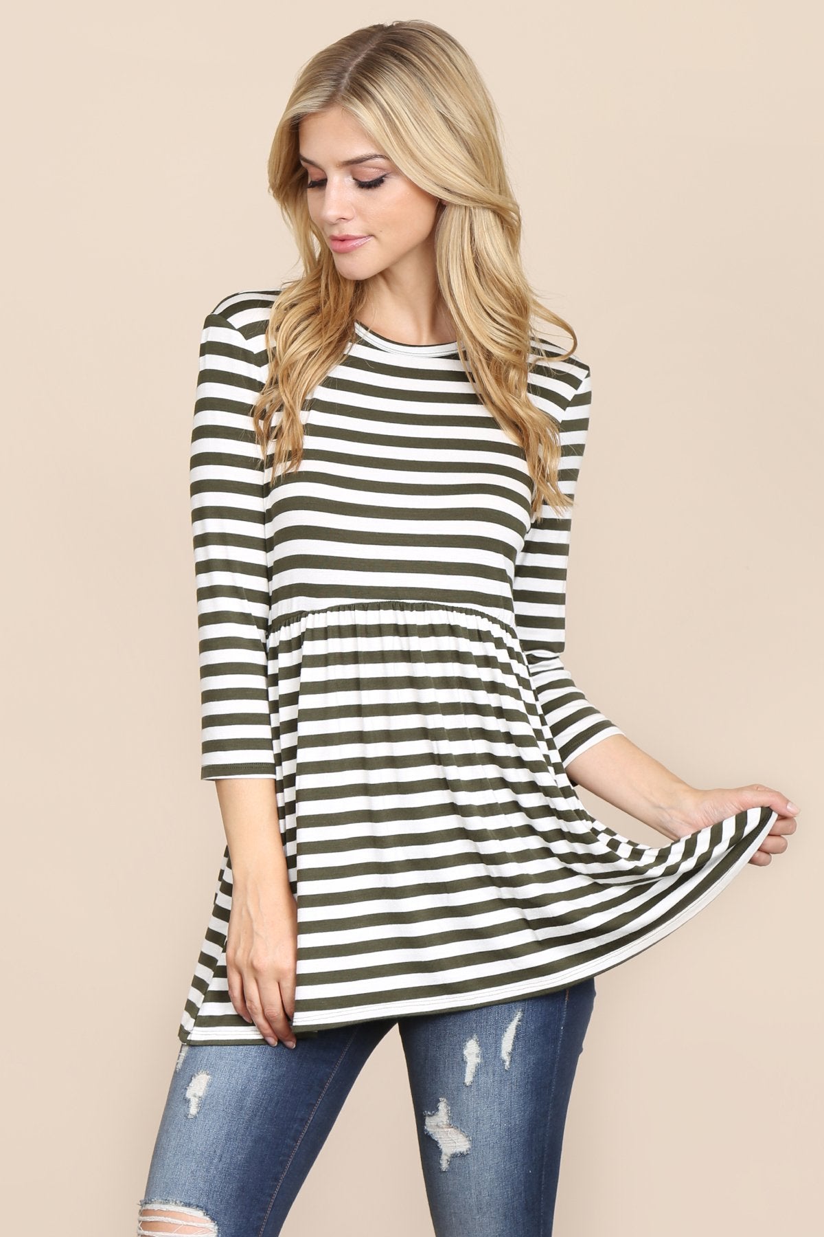 Riah Fashion - Quarter Sleeve Babydoll Striped Tunic - 7 COLORS -