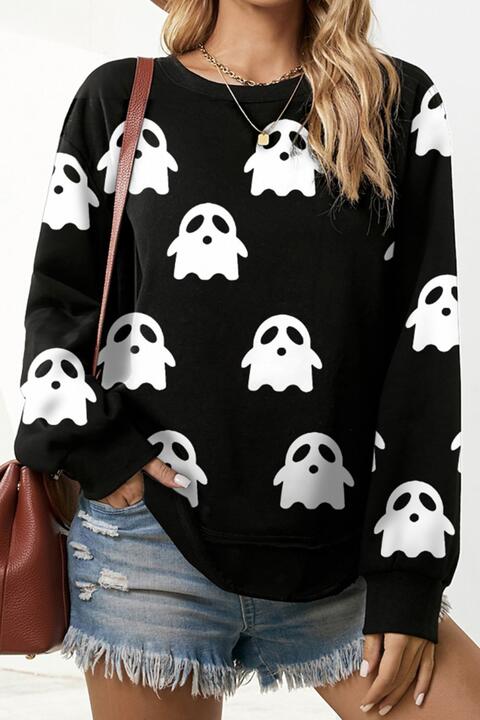 Ghost Print Slit Round Neck Sweatshirt - T - 1 COLOR -