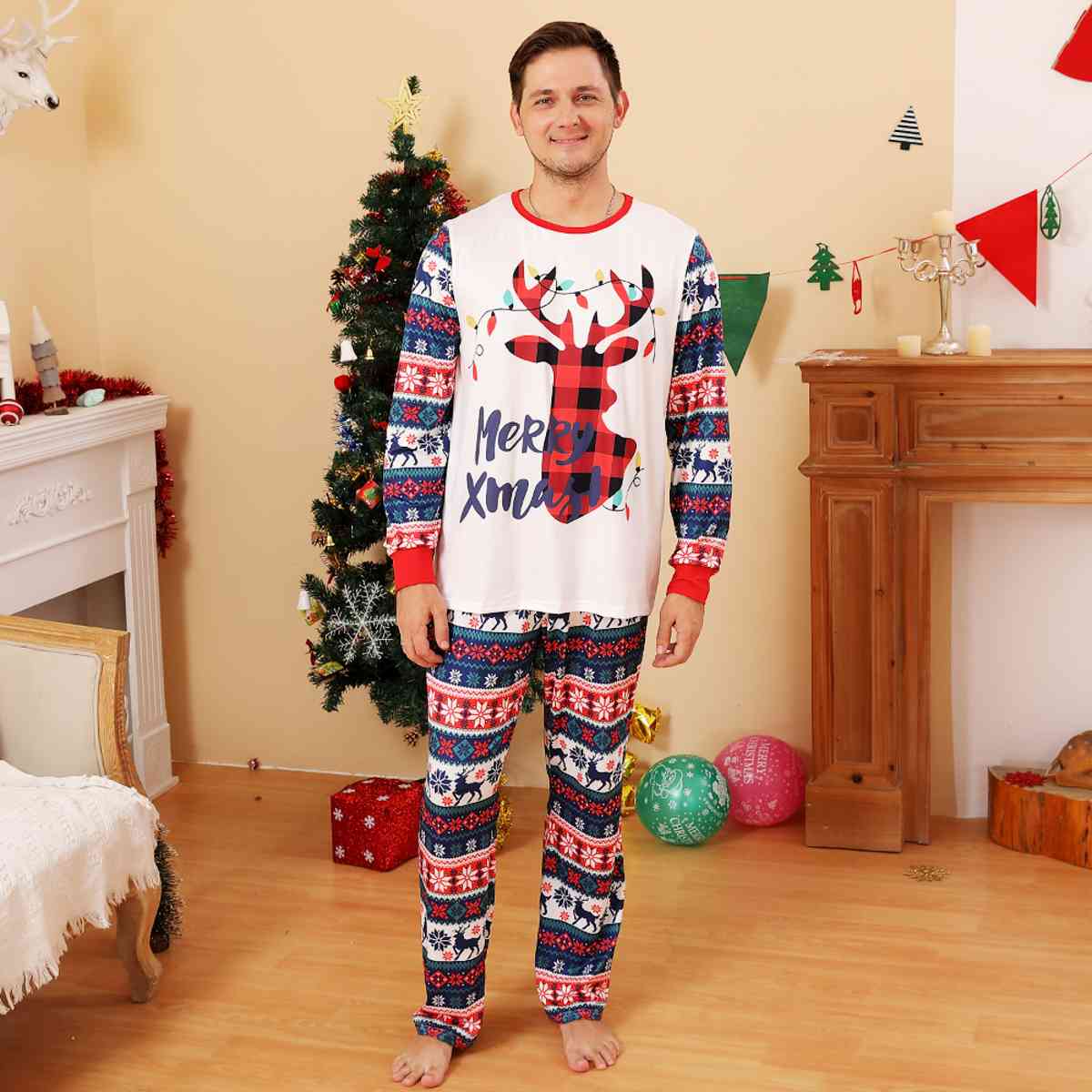 MEN MERRY XMAS Reindeer Graphic Top and Pants Set - T -