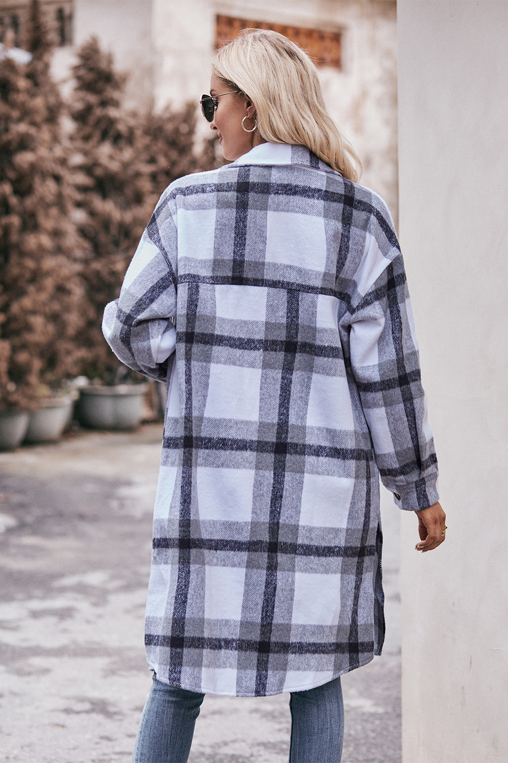 Plaid Dropped Shoulder Longline Jacket - T - 3 COLORS -