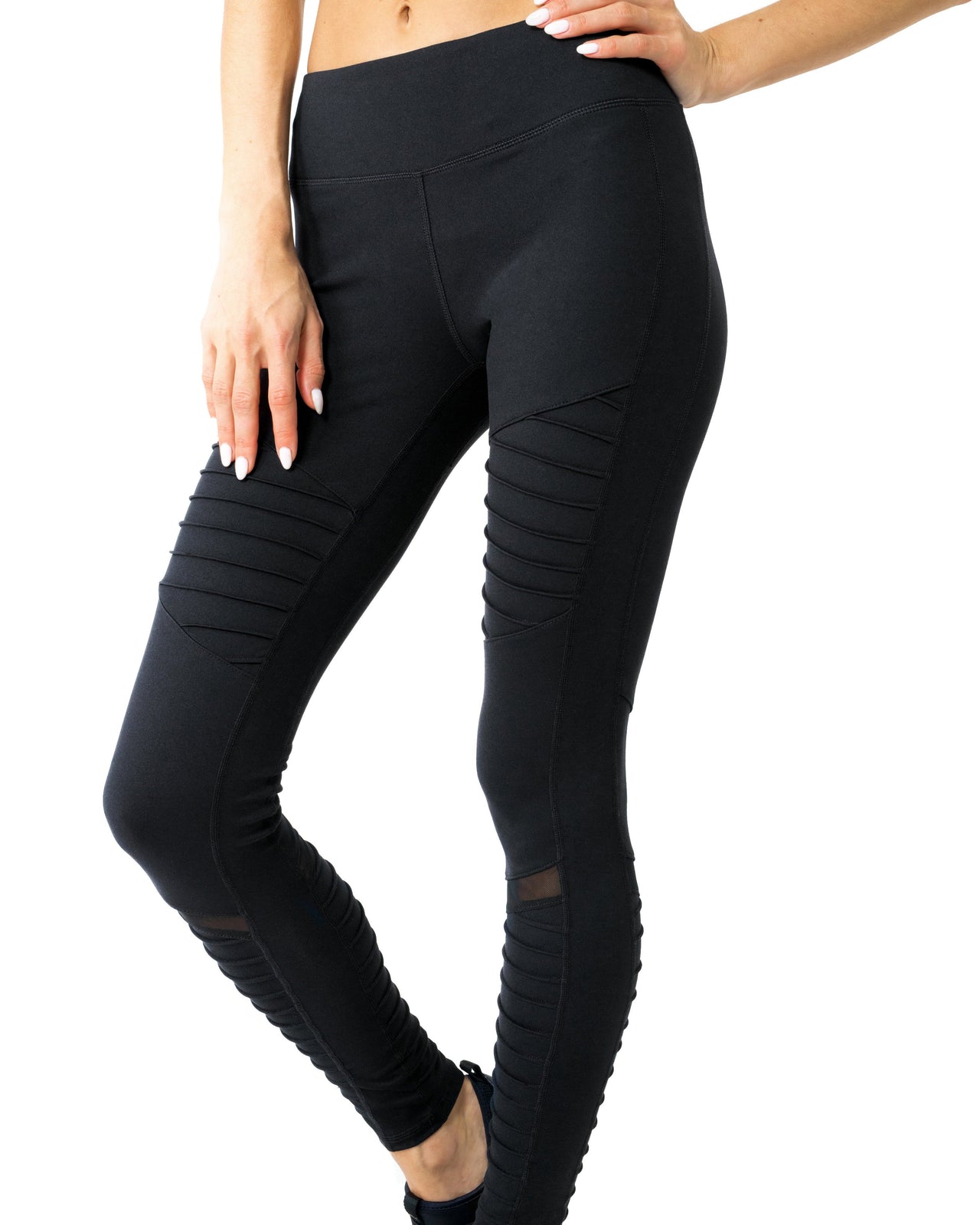 Savoy - Athletique Low-Waisted Ribbed Leggings With Hidden Pocket and Mesh Panels - Black - 1 COLOR -