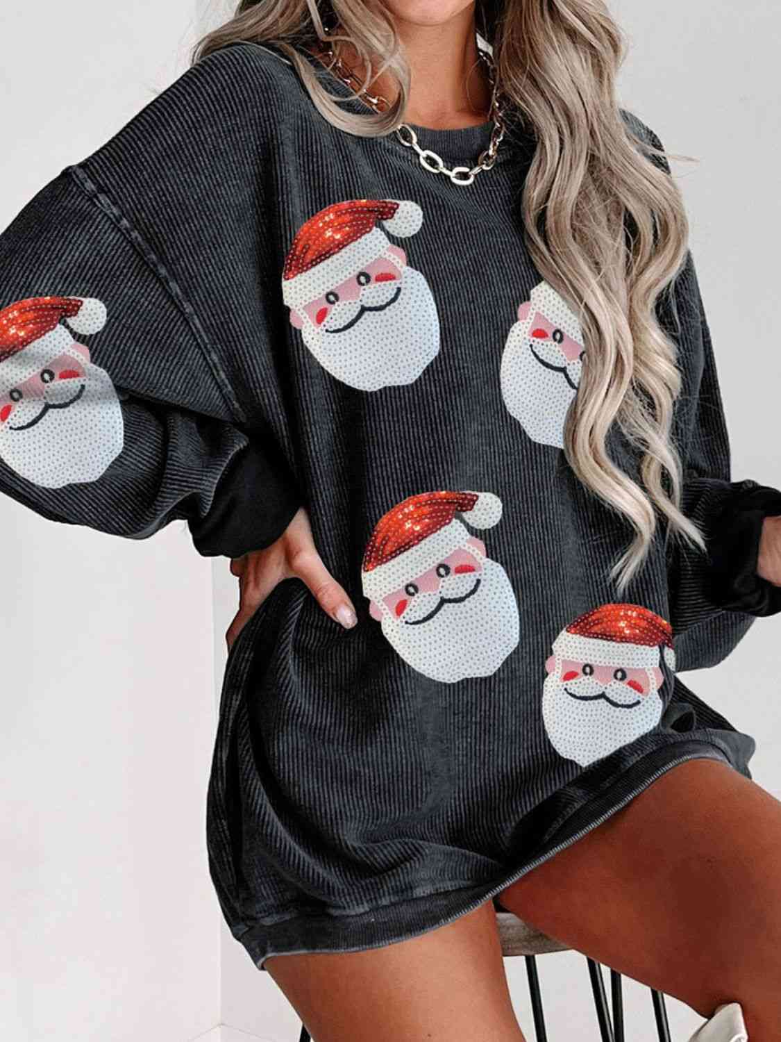 Sequin Santa Patch Ribbed Sweatshirt - T - 2 COLORS -