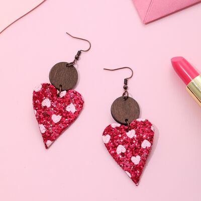 Faux Leather Iron Hook Sequin Heart Earrings - T - 1 COLOR -