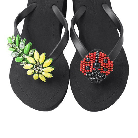 SAND BY SAYA N.Y. - Ladybug & Yellow Daisy - Red and Yellow Embellished motifs Mid Wedge Flip Flops - 2 COLORS -