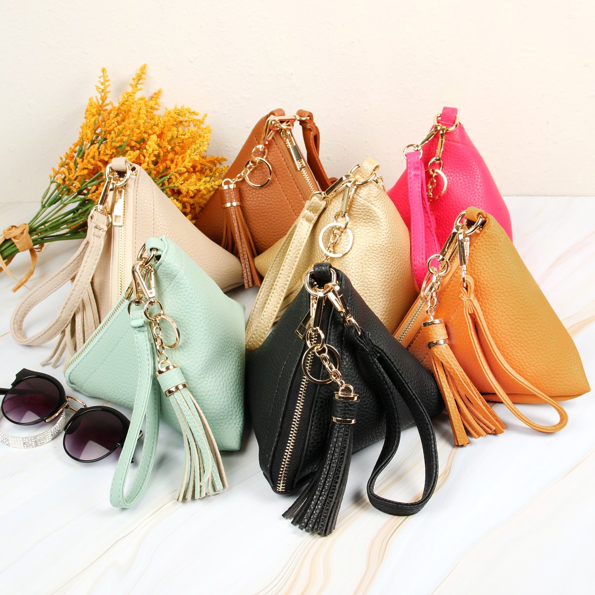 Riah Fashion - Pyramid Shape Tassel Wristlet Leather Bag - 15 COLORS -