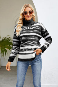 Thumbnail for Geometric Turtleneck Long Sleeve Sweater - T - 3 COLORS -