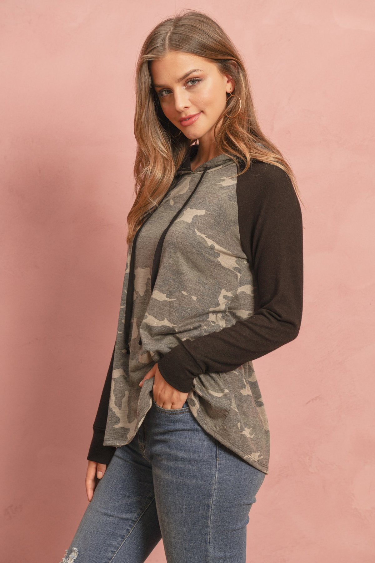 Riah Fashion - Camouflage Hacci Sleeved Contrast Hoodie With Drawstrings - 1 COLOR -