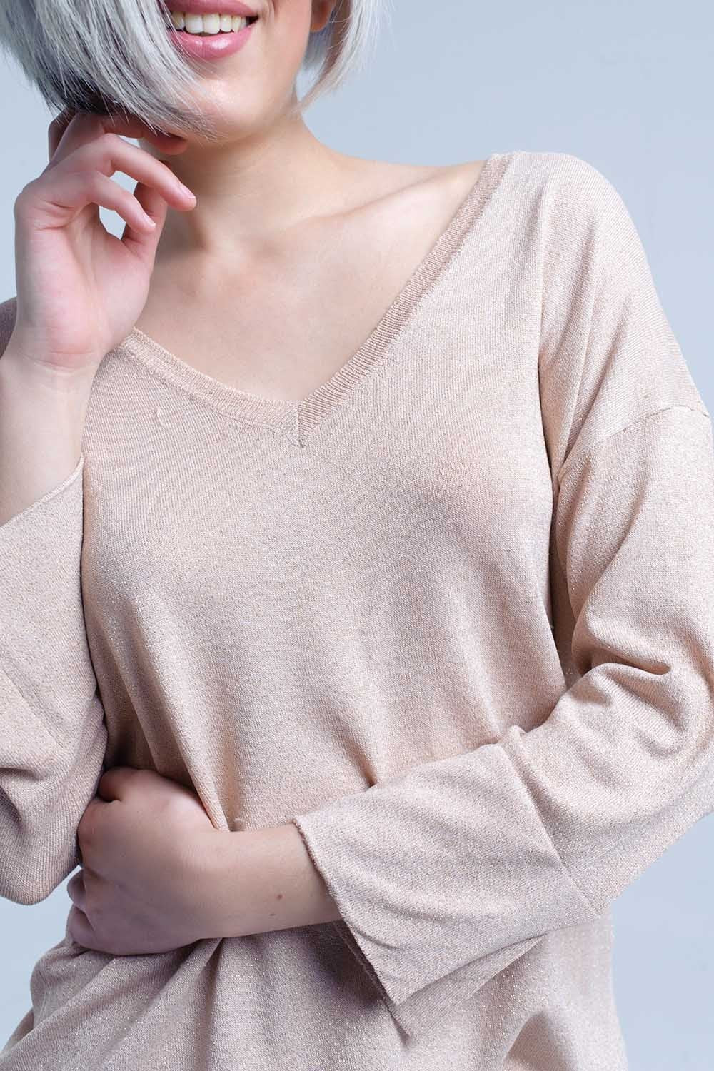 Q2 - Pink Knit Sweater With Gold Lurex Detail - 1 COLOR -