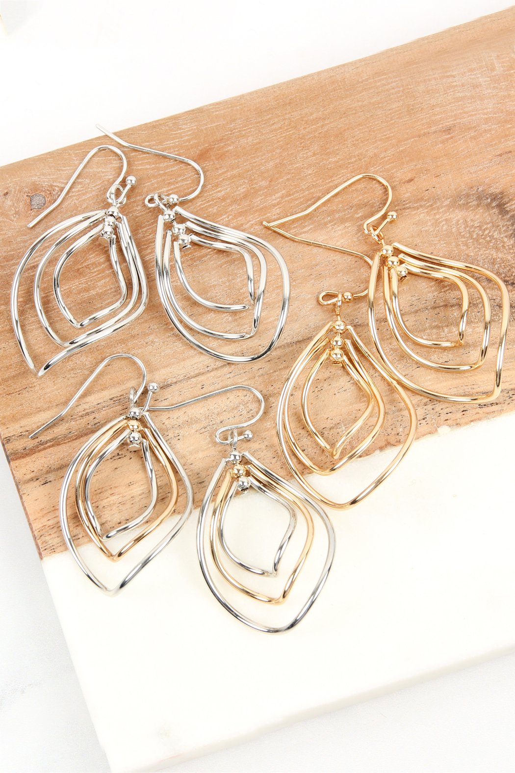 Wire Hammered Marquise Hook Earrings - 3 FINISHES -