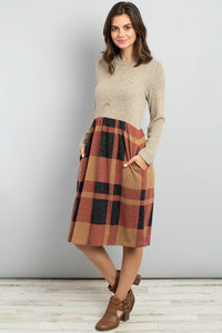 Thumbnail for Riah Fashion - Two Toned High Neck Long Sleeves Plaid Contrast Dress - 3 COLORS -