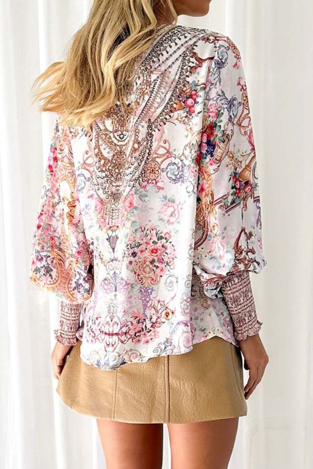 Printed V-Neck Long Sleeve Blouse - T - 2 COLORS -