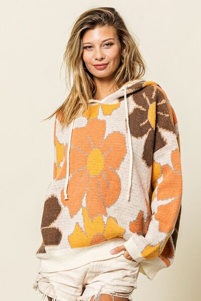 BiBi Flower Pattern Drawstring Hooded Sweater - T - 1 COLOR -