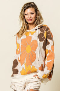 Thumbnail for BiBi Flower Pattern Drawstring Hooded Sweater - T - 1 COLOR -