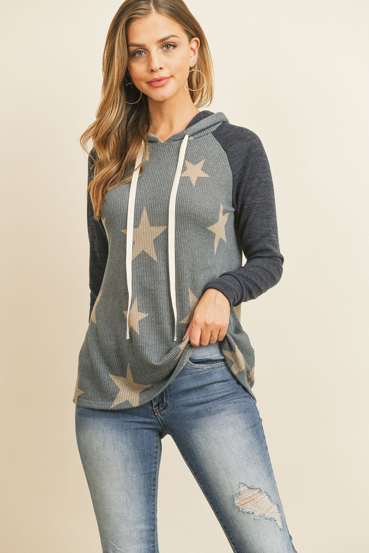 Riah Fashion - Brushed Hacci Sleeve Rib Detail Star Print Hoodie With Drawstring - 3 COLORS -