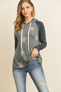 Thumbnail for Riah Fashion - Brushed Hacci Sleeve Rib Detail Star Print Hoodie With Drawstring - 3 COLORS -