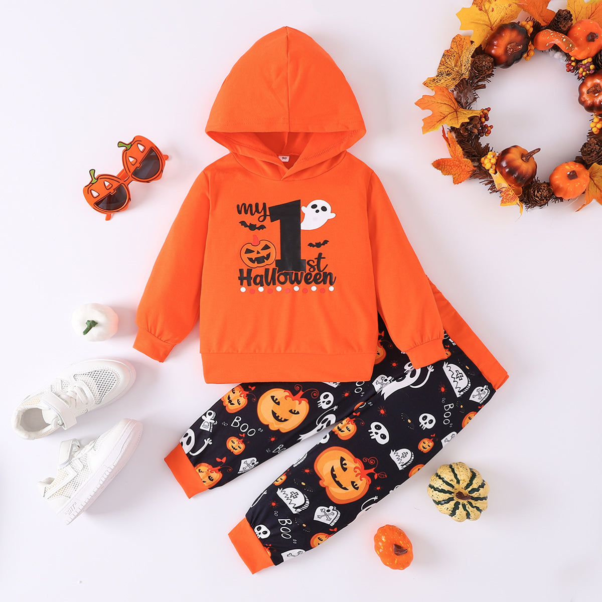 BOO Graphic Long Sleeve Hoodie and Printed Pants Set - 2 PCS. - T - 2 COLORS -