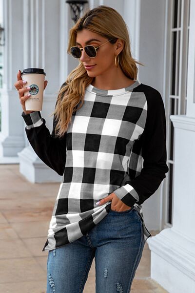 Plaid Round Neck Long Sleeve T-Shirt - T - 5 COLORS -