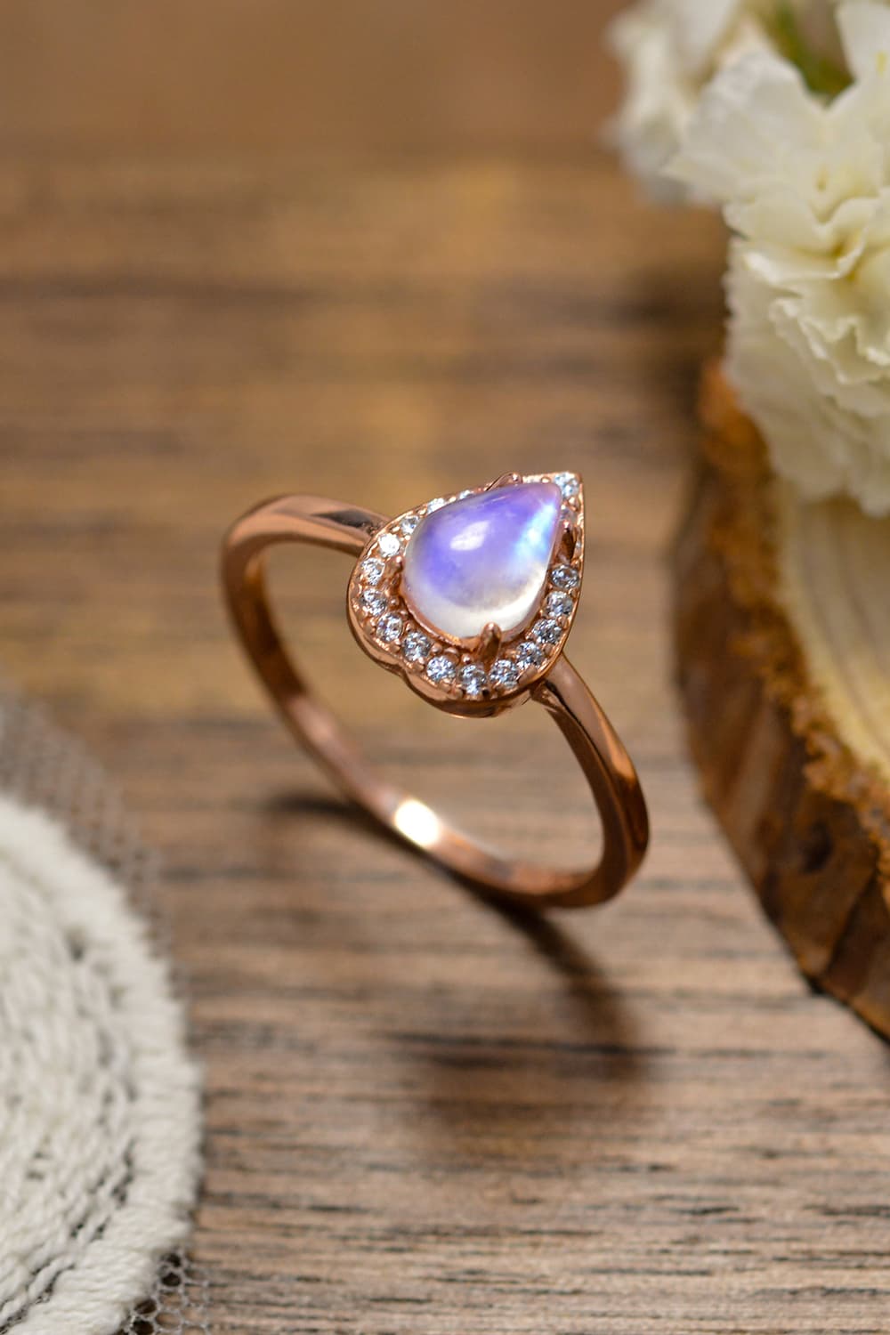 Moonstone Teardrop 925 Sterling Silver Halo Ring - T - 2 FINISHES - SIZES 6 THRU 9 -