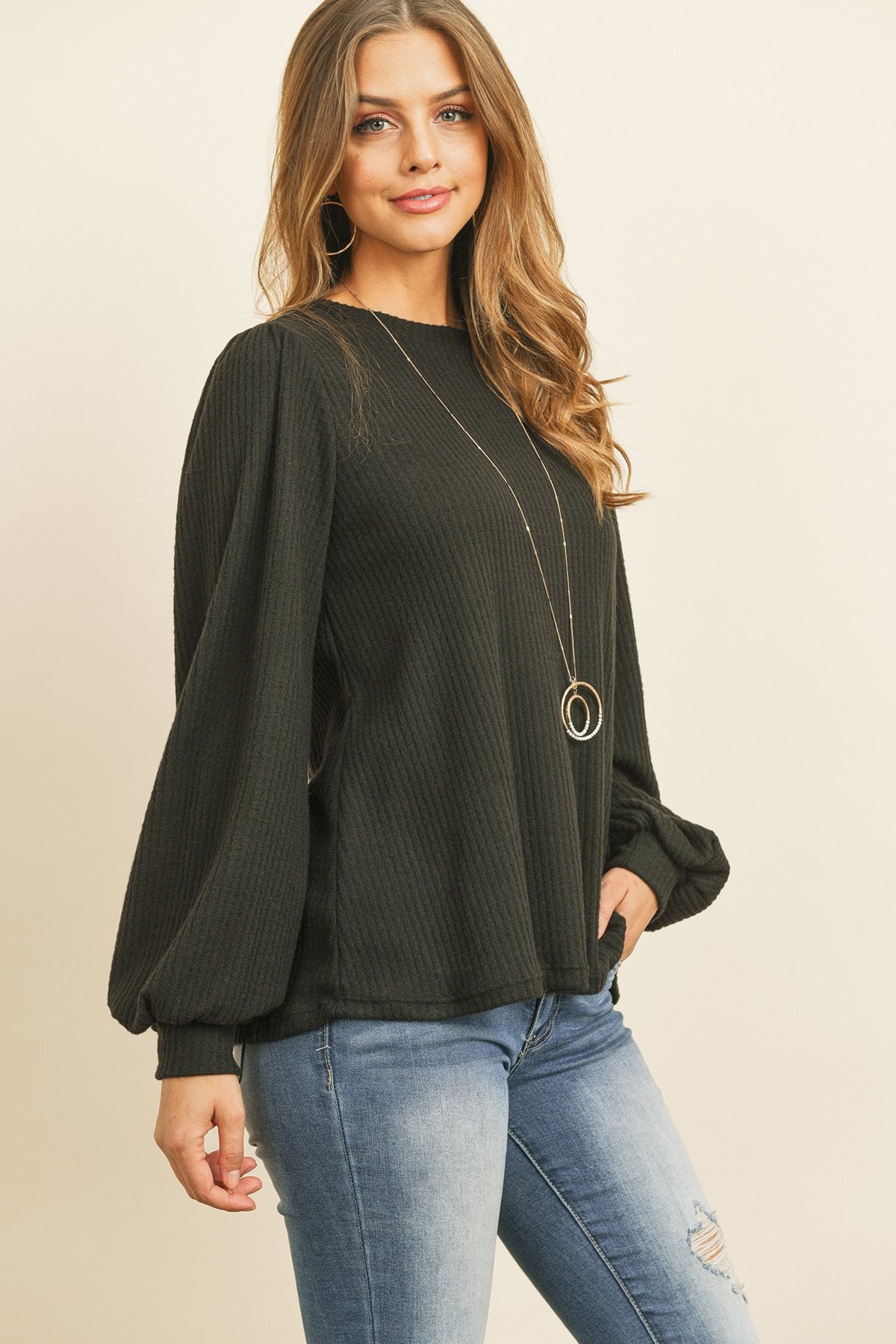 Riah Fashion - Puff Sleeved Waffle Top - 9 COLORS -