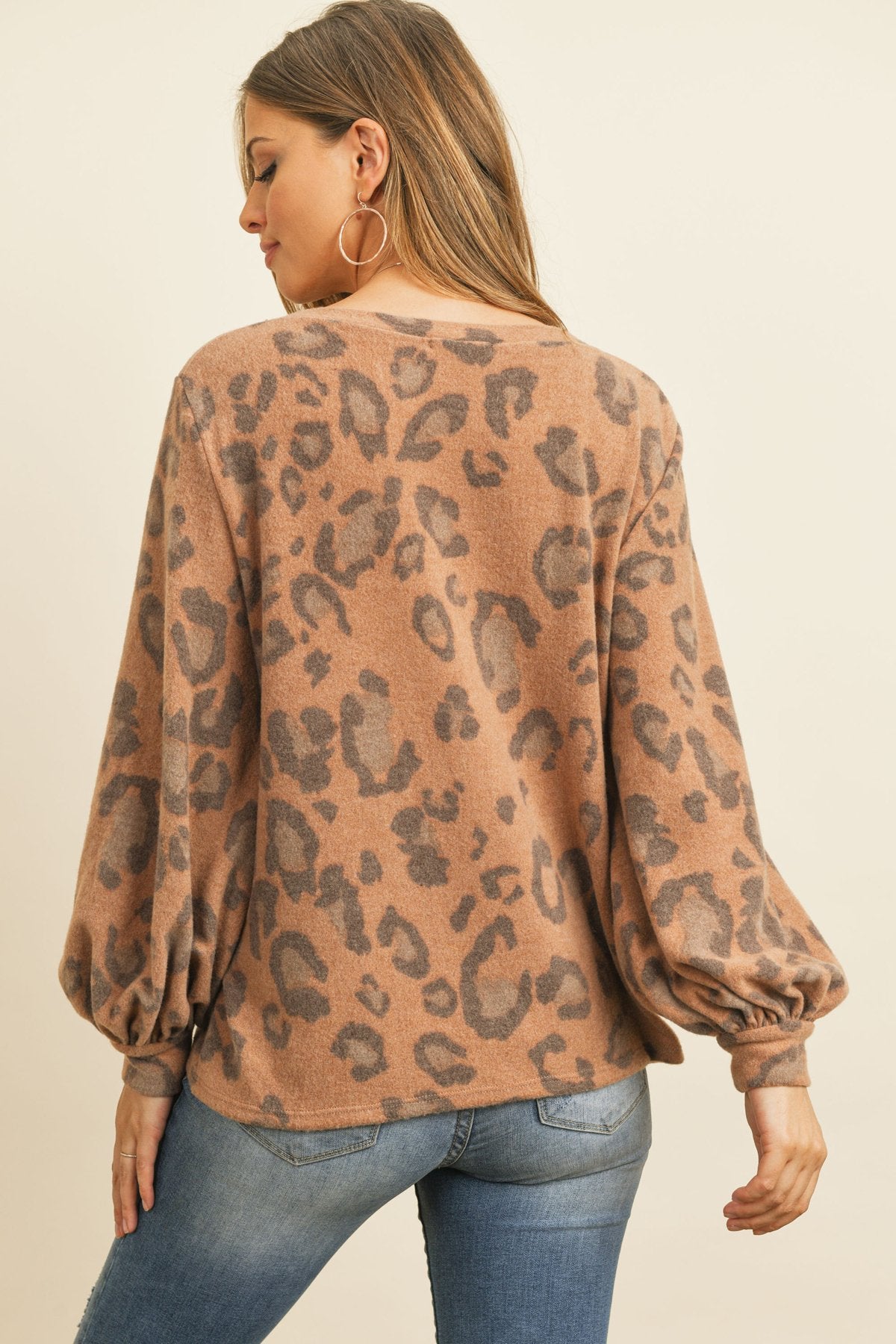 Riah Fashion - Leopard Brushed Hacci Puff Sleeved Boat Neck Top - 3 COLORS -