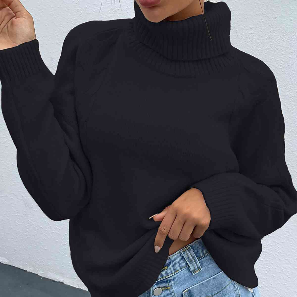 Turtleneck Dropped Shoulder Long Sleeve Sweater - T - 4 COLORS -