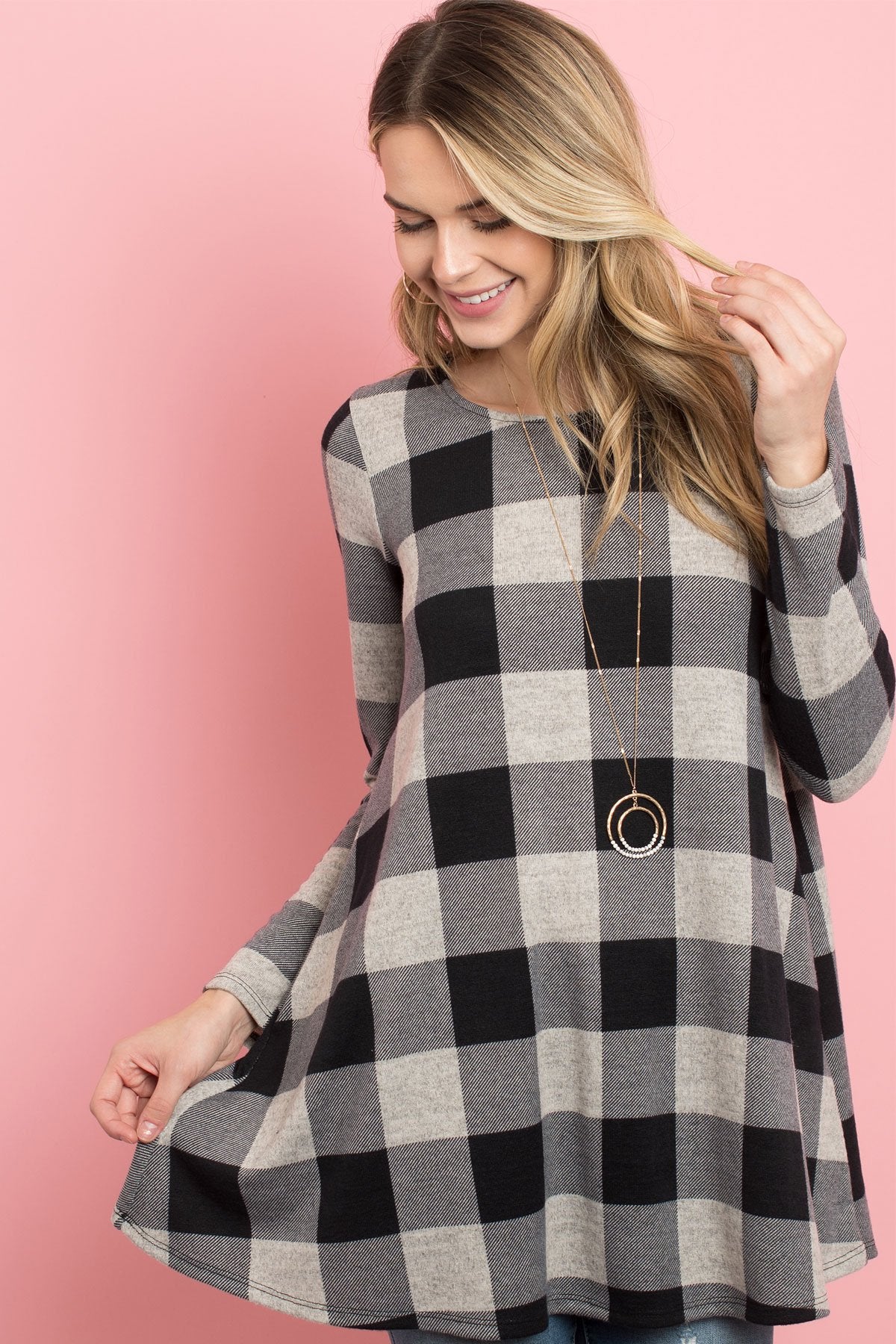 Riah Fashion - Plaid Long Sleeves A-Line Top - 4 COLORS -