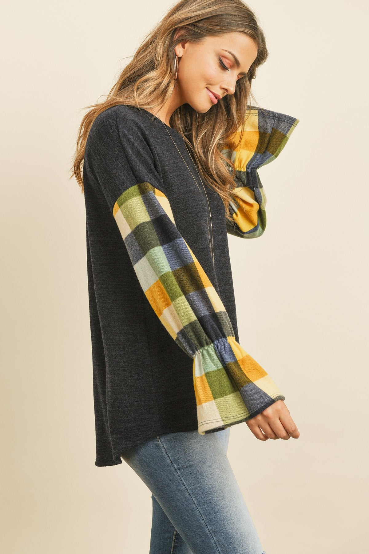 Riah Fashion - Plaid Bell Sleeves Mier Sweater - 2 COLORS -