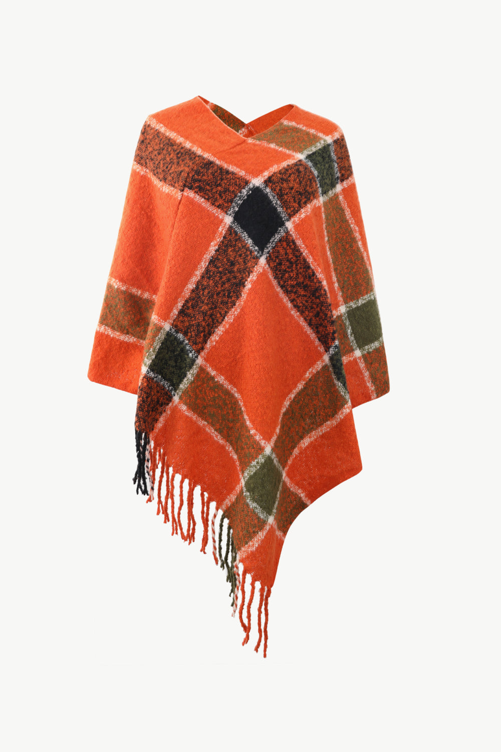 Plaid Fringe Detail Poncho - T - 7 COLORS -