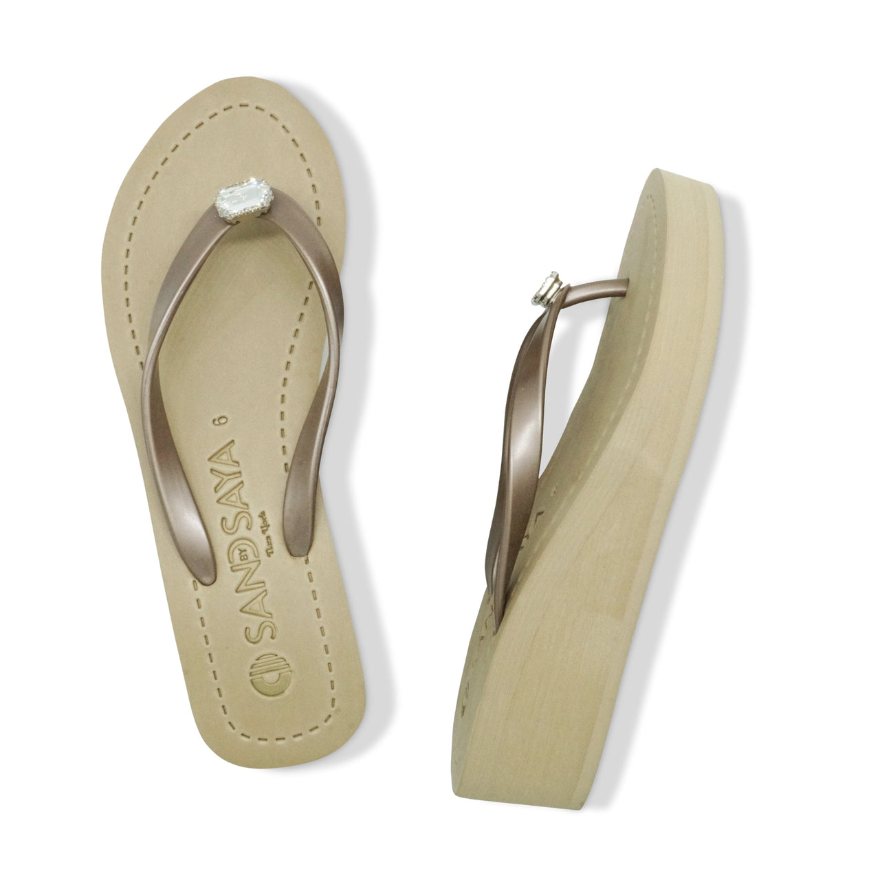 SAND BY SAYA N.Y. - Rectangle Studs - Crystal Mid Wedge Flip Flops With Stones - 2 COLORS -