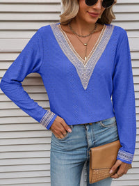 Thumbnail for Contrast V-Neck Eyelet Long Sleeve Top - T - 7 COLORS -