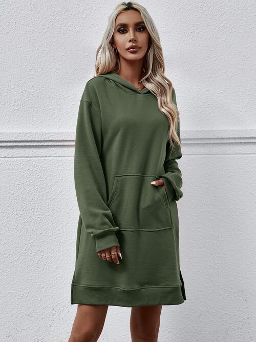 Slit Long Sleeve Hooded Dress with Pocket - T - 9 COLORS -