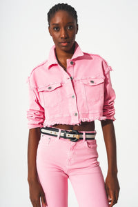 Thumbnail for Q2 - Cropped Denim Trucker Jacket in Pink - 1 COLOR -