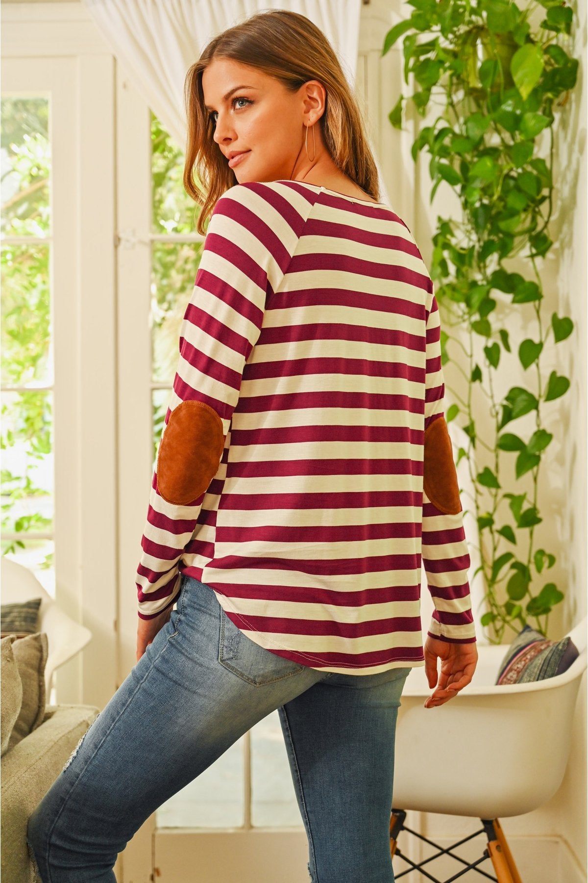 Riah Fashion - Elbow Suede Patch Striped Tunic - 6 COLORS -