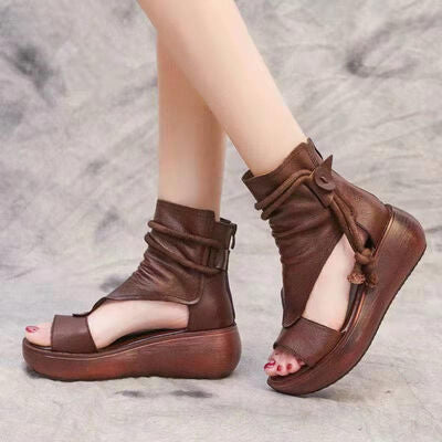 Faux Leather Open Toe Wedge Sandals - T - 2 COLORS -