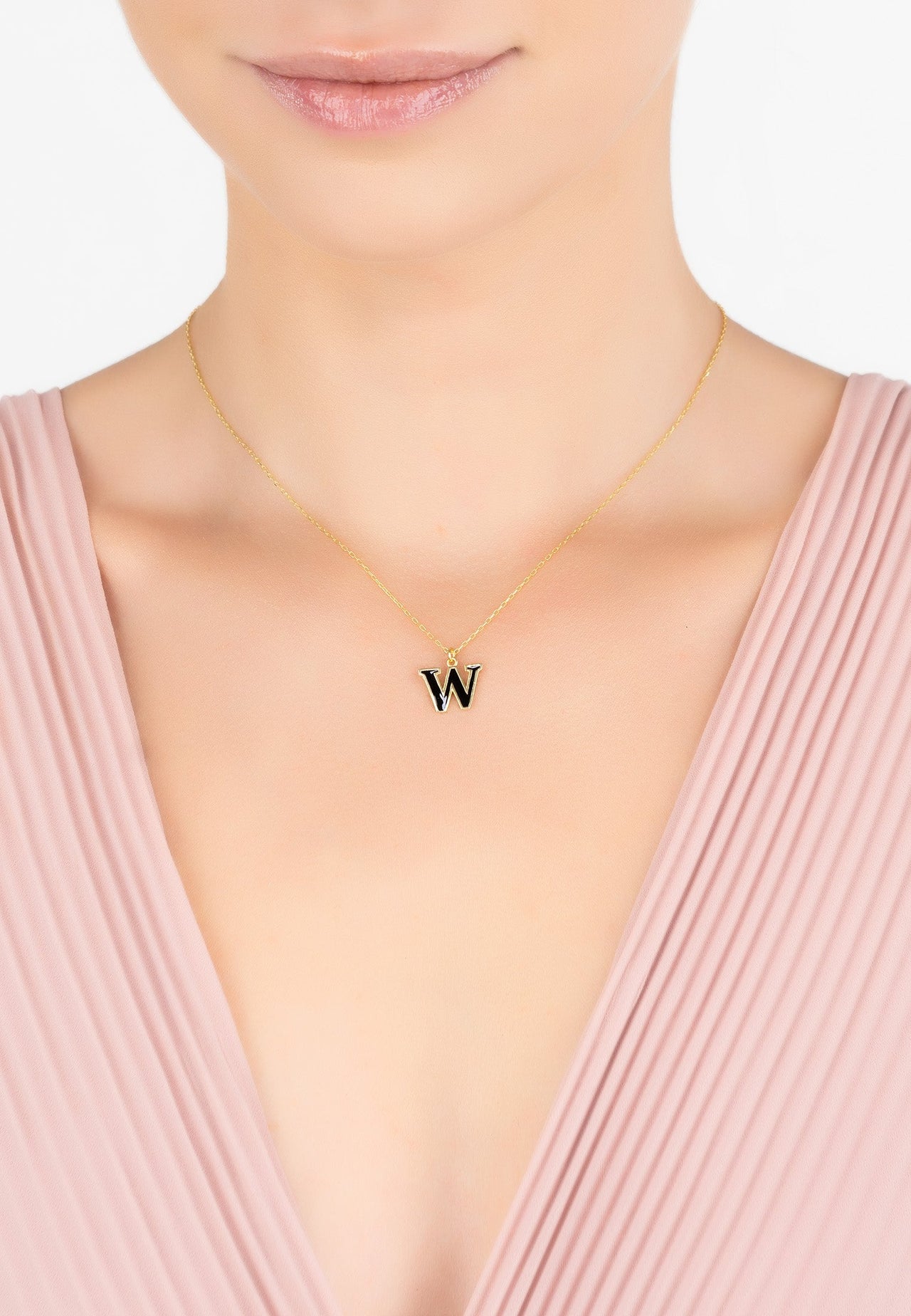 Initial Enamel Necklace Gold W -